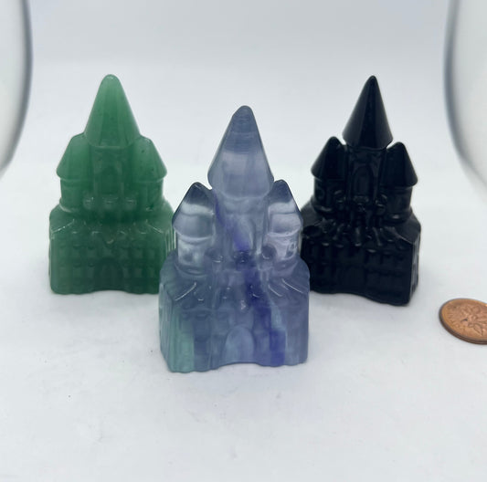 Castle Carving - Green Aventurine-Black Obsidian- Rainbow Fluorite