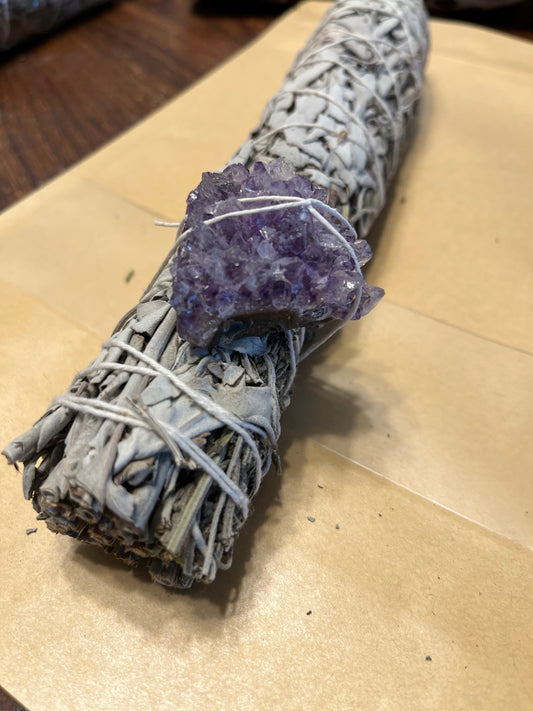 White Sage & Lavender Smudge Stick with Raw Amethyst