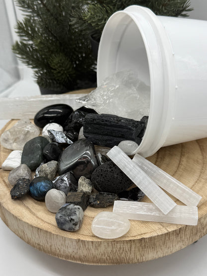 Protection Crystal Mining Bucket - Grounding Crystal Dig Kit - Obsidian & Tourmaline Gem Kit - Spiritual Protection Gift - Lady of the Moss