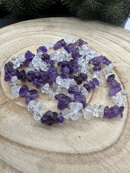 Clear Quartz & Amethyst Chip Bracelet | Natural Crystal Bracelet | Gemstone Stretch Bracelet | Handmade Crystal Jewelry Description