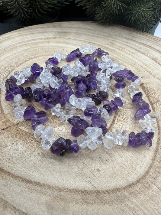 Clear Quartz & Amethyst Chip Bracelet | Natural Crystal Bracelet | Gemstone Stretch Bracelet | Handmade Crystal Jewelry Description