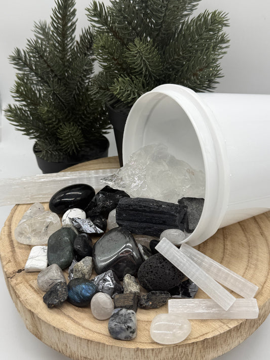 Protection Crystal Mining Bucket - Grounding Crystal Dig Kit - Obsidian & Tourmaline Gem Kit - Spiritual Protection Gift - Lady of the Moss