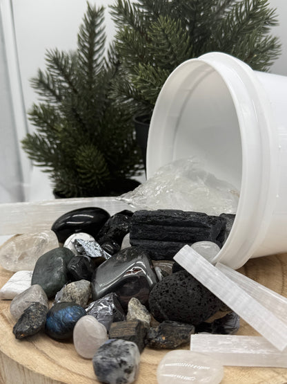 Protection Crystal Mining Bucket - Grounding Crystal Dig Kit - Obsidian & Tourmaline Gem Kit - Spiritual Protection Gift - Lady of the Moss