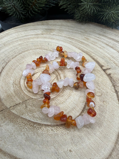 Rose Quartz & Carnelian Chip Bracelet | Natural Crystal Bracelet | Gemstone Stretch Bracelet | Handmade Crystal Jewelry