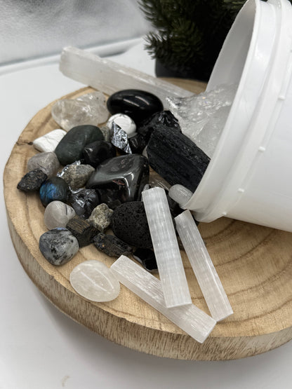 Protection Crystal Mining Bucket - Grounding Crystal Dig Kit - Obsidian & Tourmaline Gem Kit - Spiritual Protection Gift - Lady of the Moss