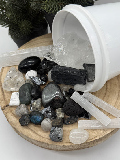 Protection Crystal Mining Bucket - Grounding Crystal Dig Kit - Obsidian & Tourmaline Gem Kit - Spiritual Protection Gift - Lady of the Moss