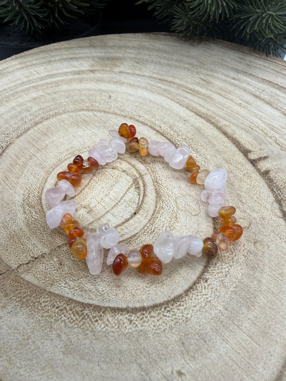 Rose Quartz & Carnelian Chip Bracelet | Natural Crystal Bracelet | Gemstone Stretch Bracelet | Handmade Crystal Jewelry