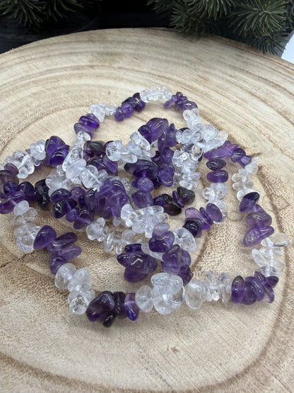 Clear Quartz & Amethyst Chip Bracelet | Natural Crystal Bracelet | Gemstone Stretch Bracelet | Handmade Crystal Jewelry Description