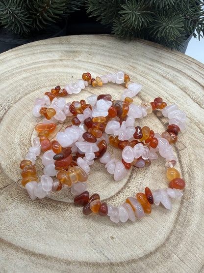 Rose Quartz & Carnelian Chip Bracelet | Natural Crystal Bracelet | Gemstone Stretch Bracelet | Handmade Crystal Jewelry