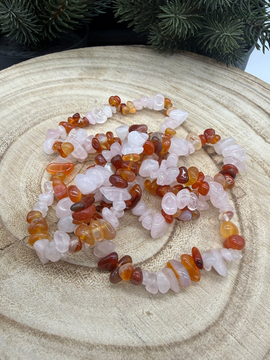 Rose Quartz & Carnelian Chip Bracelet | Natural Crystal Bracelet | Gemstone Stretch Bracelet | Handmade Crystal Jewelry