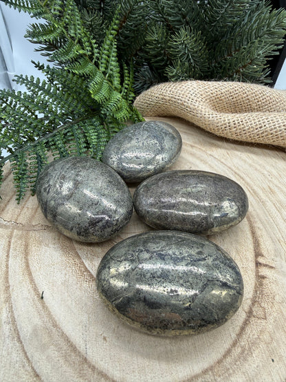 Pyrite Palm Stone | Natural Polished Pyrite Worry Stone | Metallic Gray Crystal