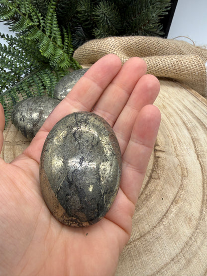 Pyrite Palm Stone | Natural Polished Pyrite Worry Stone | Metallic Gray Crystal