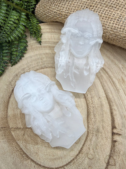 Selenite Medusa Carving | Hand-Carved Medusa Crystal | Selenite Altar Stone