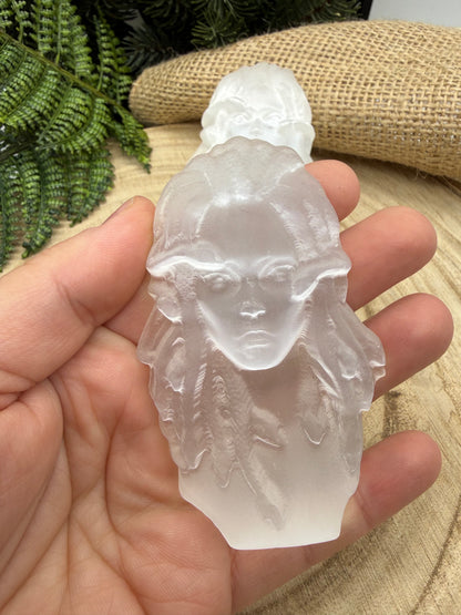 Selenite Medusa Carving | Hand-Carved Medusa Crystal | Selenite Altar Stone
