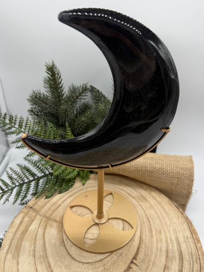 lack Obsidian Crescent Moon | Large Obsidian Moon Crystal | Display Stand Included
