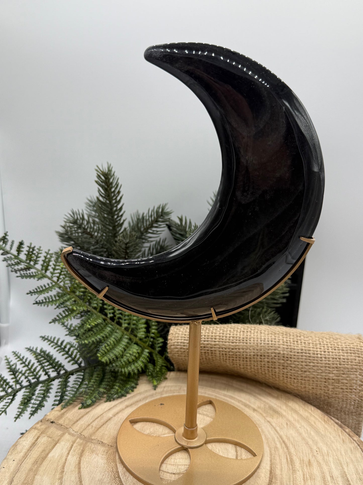 lack Obsidian Crescent Moon | Large Obsidian Moon Crystal | Display Stand Included