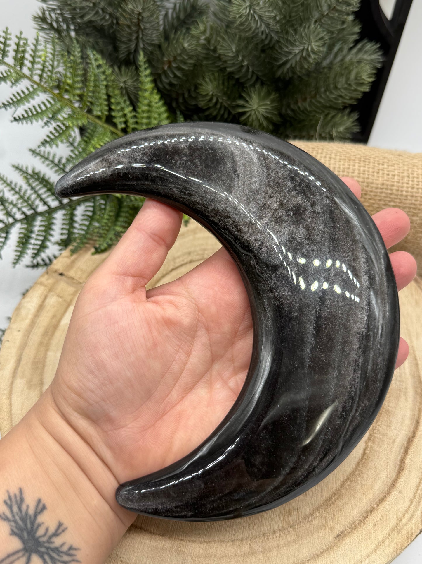 lack Obsidian Crescent Moon | Large Obsidian Moon Crystal | Display Stand Included