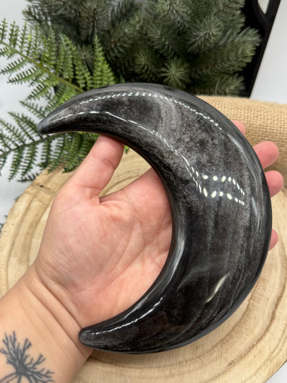 lack Obsidian Crescent Moon | Large Obsidian Moon Crystal | Display Stand Included