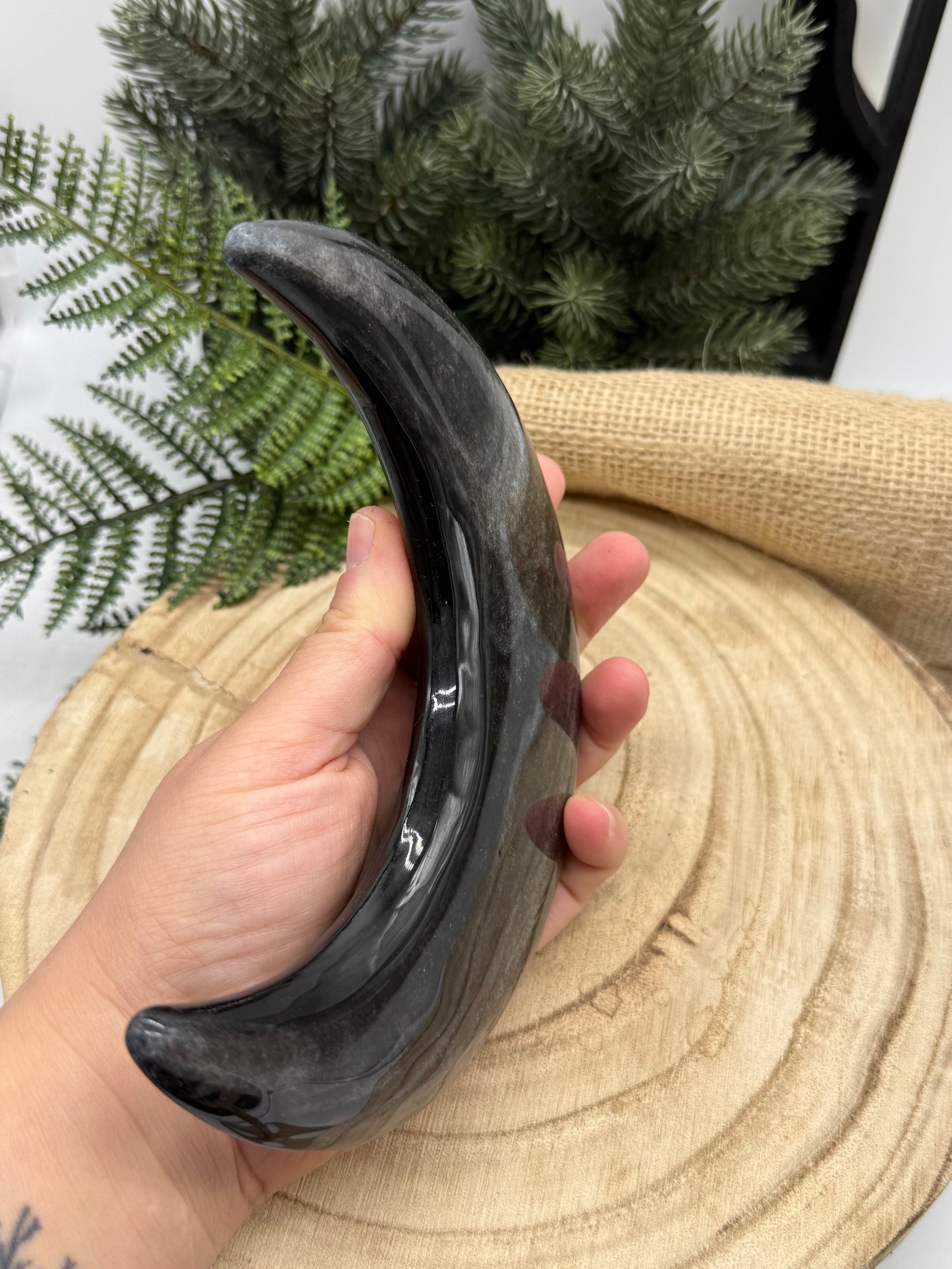 lack Obsidian Crescent Moon | Large Obsidian Moon Crystal | Display Stand Included