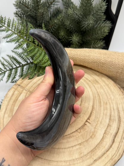 lack Obsidian Crescent Moon | Large Obsidian Moon Crystal | Display Stand Included