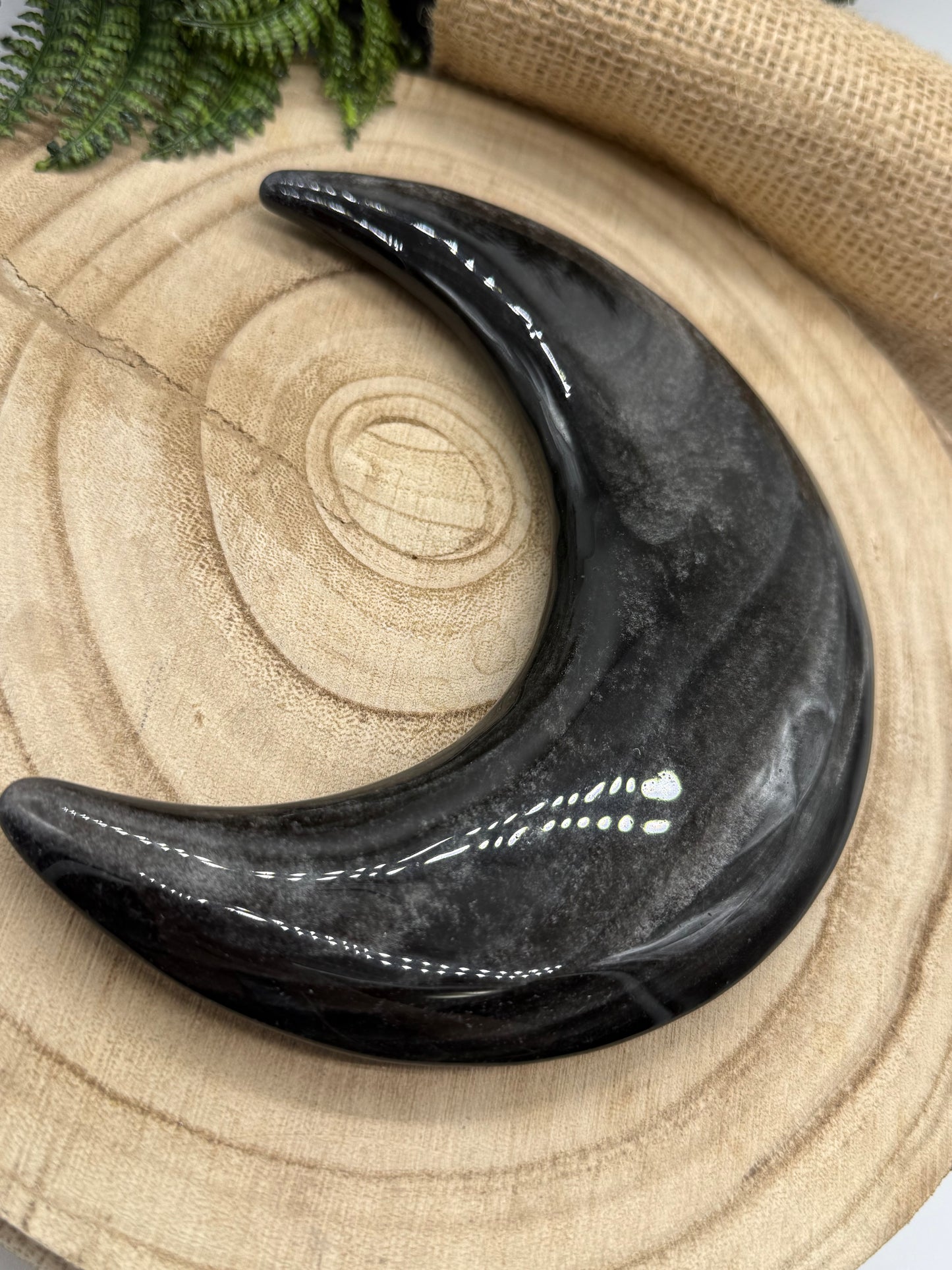 lack Obsidian Crescent Moon | Large Obsidian Moon Crystal | Display Stand Included