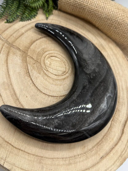 lack Obsidian Crescent Moon | Large Obsidian Moon Crystal | Display Stand Included