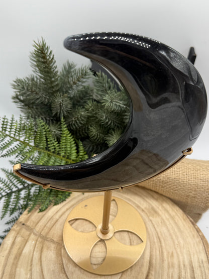 lack Obsidian Crescent Moon | Large Obsidian Moon Crystal | Display Stand Included
