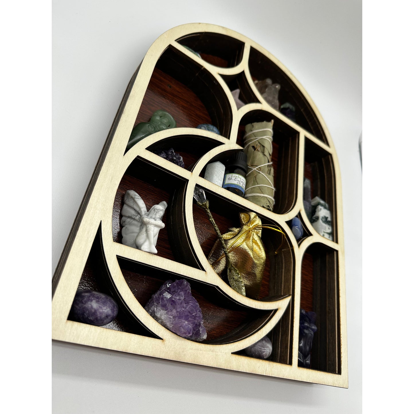 Crescent Moon with Stars Wooden Crystal Shelf-Lady Of The Moss