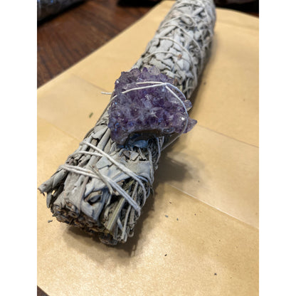 White Sage & Lavender Smudge Stick with Raw Amethyst-Lady Of The Moss